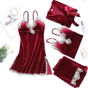 Women Sexy Velvet Pajamas Sets Warm Sleepwear Lace V-Neck 4 Piece Sets with Chest Pads