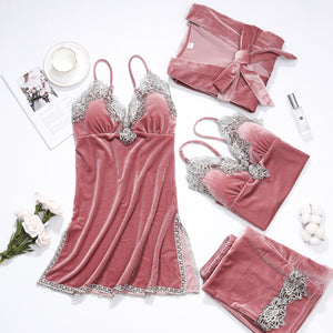 Women Sexy Velvet Pajamas Sets Warm Sleepwear Lace V-Neck 4 Piece Sets with Chest Pads