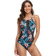 Plunge Mesh Design Halter One Piece Swimsuit