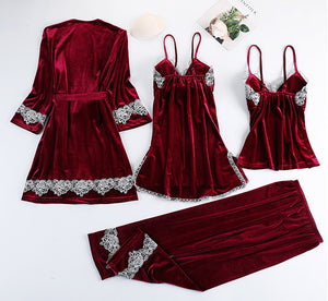 Women Sexy Velvet Pajamas Sets Warm Sleepwear Lace V-Neck 4 Piece Sets with Chest Pads