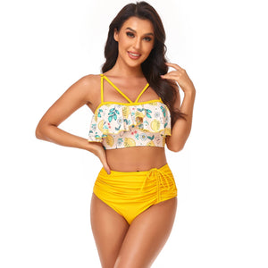 Ruffle Floral Drawstring Bikini Set Swimsuit