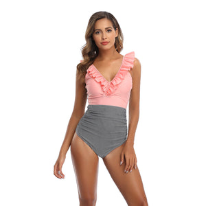 「🎉Spring Sale - 40% Off」V Neck Ruffled  One-Piece Lace Up Swimsuit