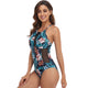 Plunge Mesh Design Halter One Piece Swimsuit