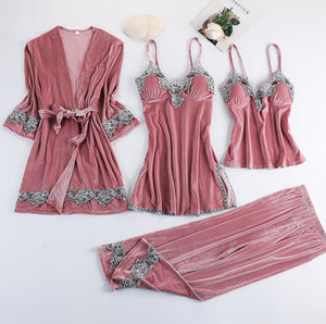 Women Sexy Velvet Pajamas Sets Warm Sleepwear Lace V-Neck 4 Piece Sets with Chest Pads