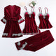 Women Sexy Velvet Pajamas Sets Warm Sleepwear Lace V-Neck 4 Piece Sets with Chest Pads