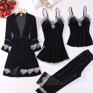 Women Sexy Velvet Pajamas Sets Warm Sleepwear Lace V-Neck 4 Piece Sets with Chest Pads