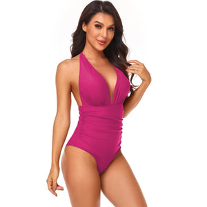 Halter V-Neck Belly Control Sling One Piece Swimsuit