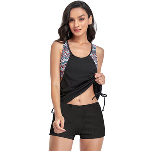 Printed Strappy T-Back Push Up Tankini Top with Shorts