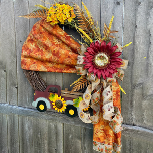 Fall Vintage Truck Fabric Wreath-Rustic Grapevine Home Decor